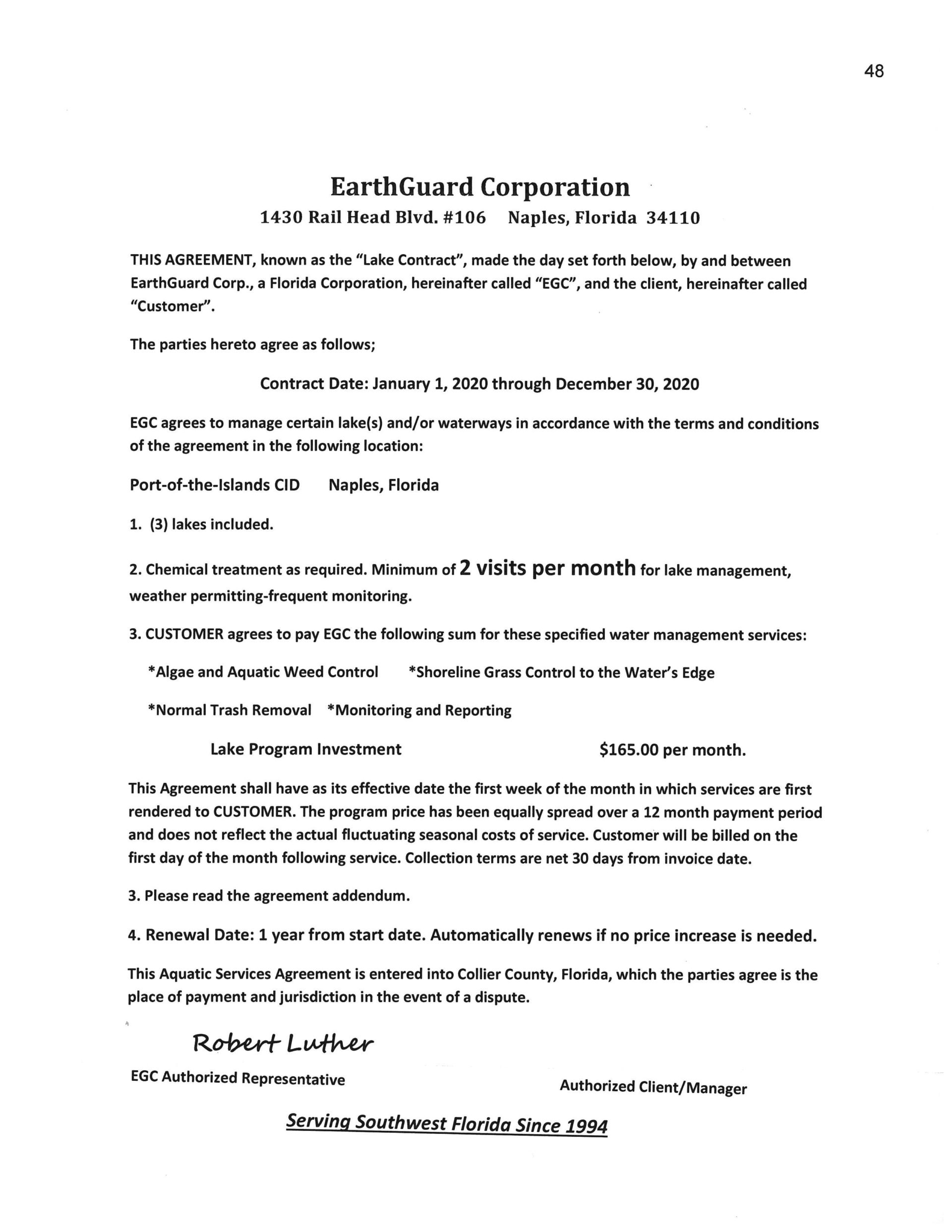 Earthguard Yearly Lake Maintenance Contract 2020