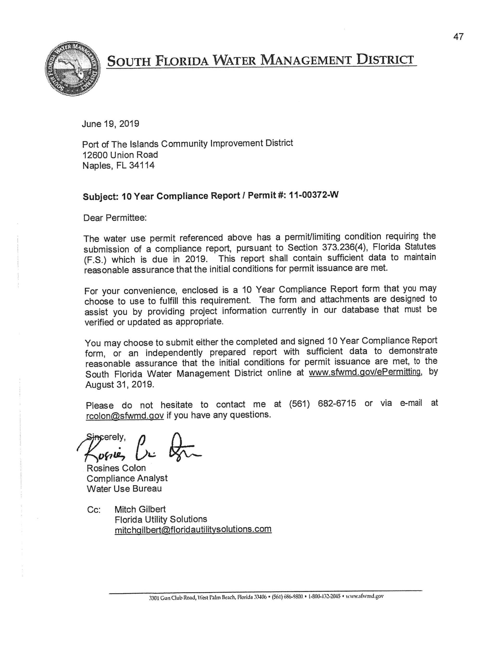 SWFMD 10 year Compliance Report Update