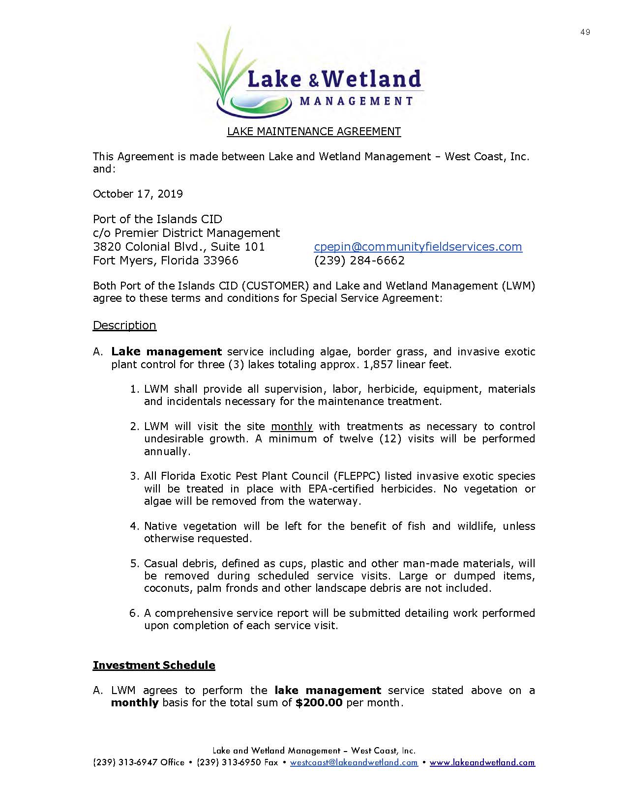 Lake & Wetlands Management Lake Maintenance Agreement