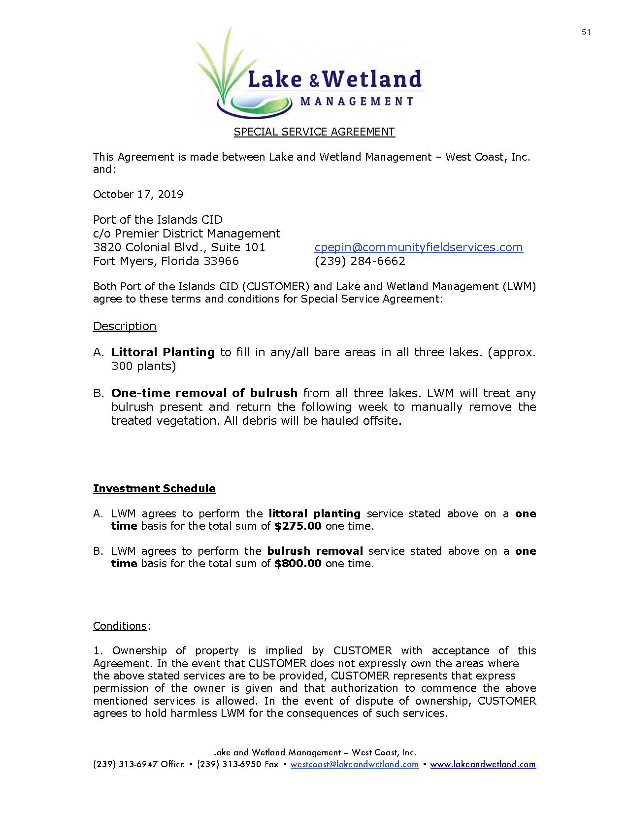 Lake & Wetlands Management Special Service Agreement