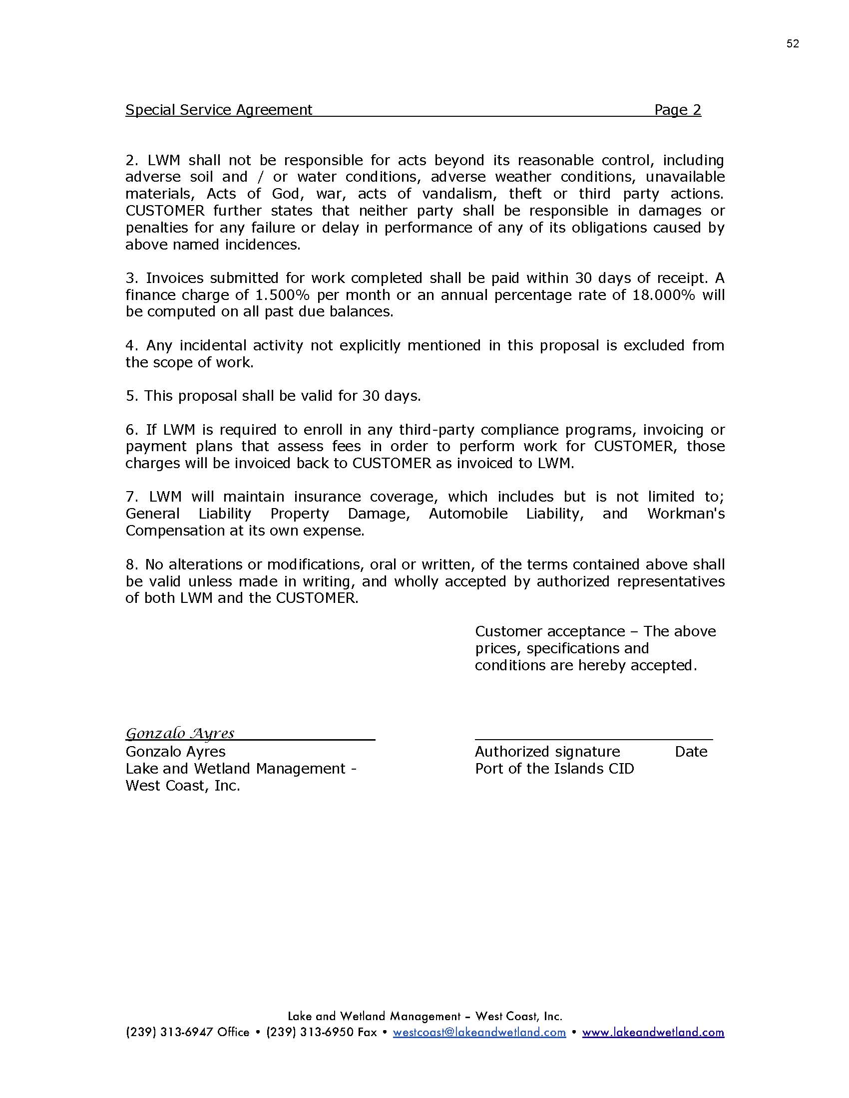 Lake & Wetlands Management Special Service Agreement Maintenance Agreement