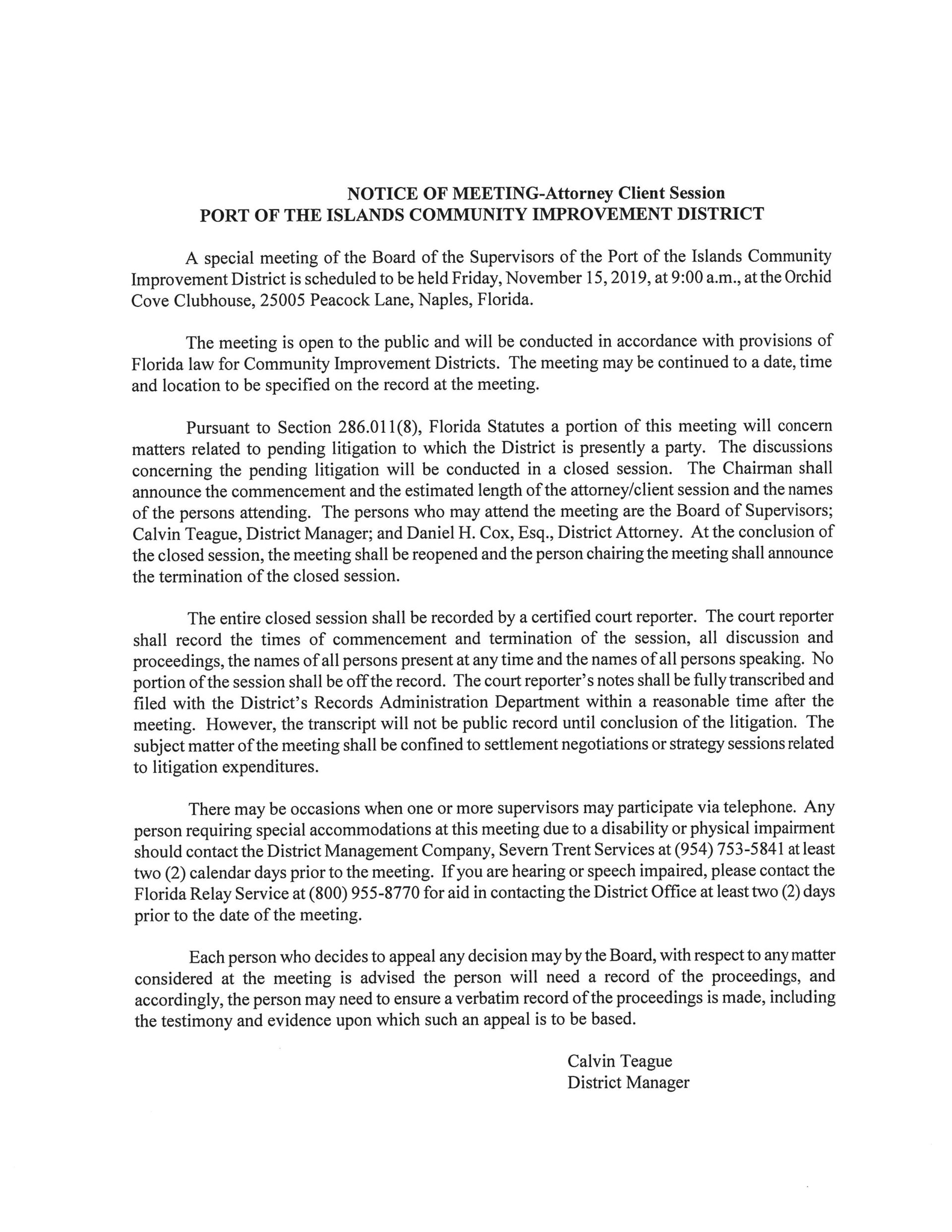 Port of the Islands notice of closed session