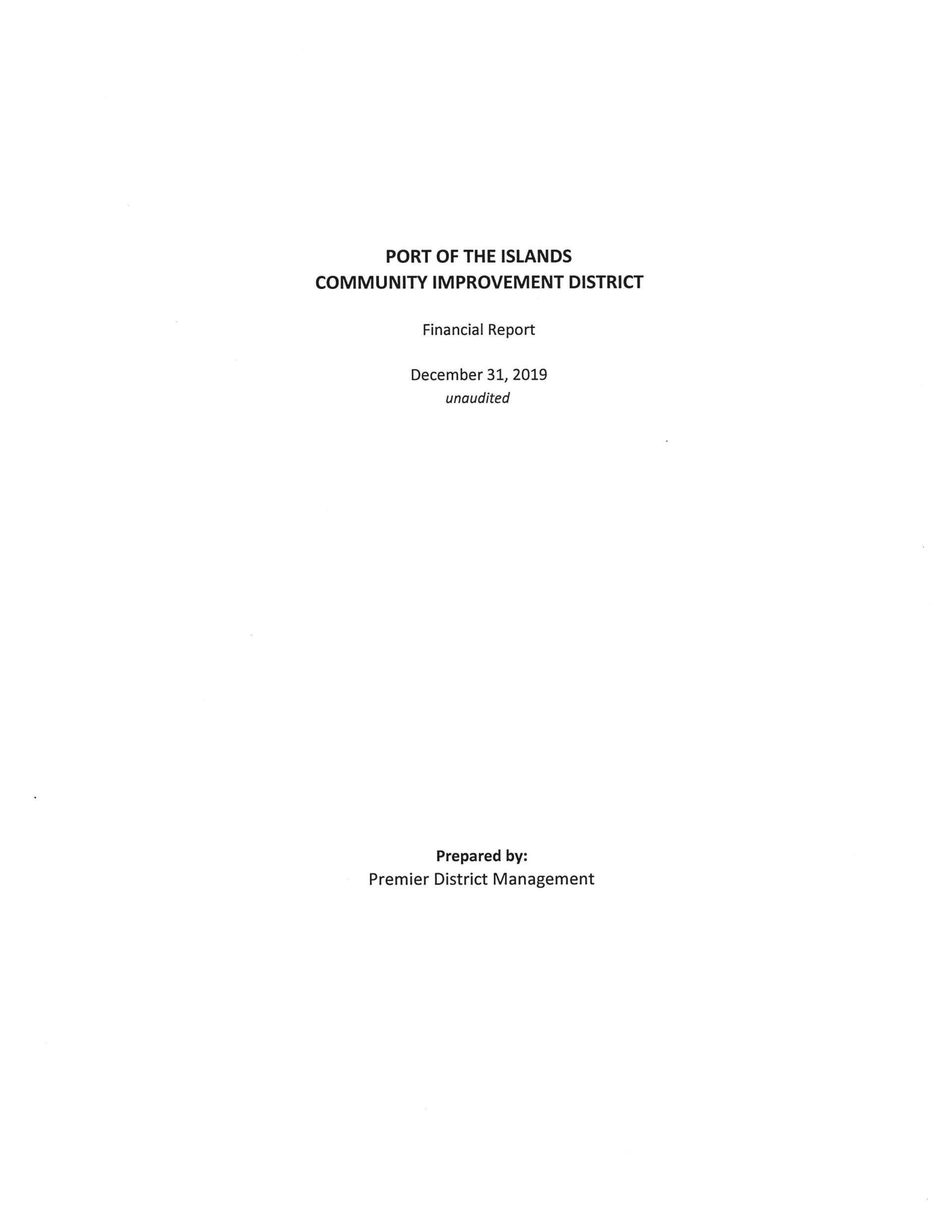 Port of the Islands Financial Report - December 2019 Cover Page