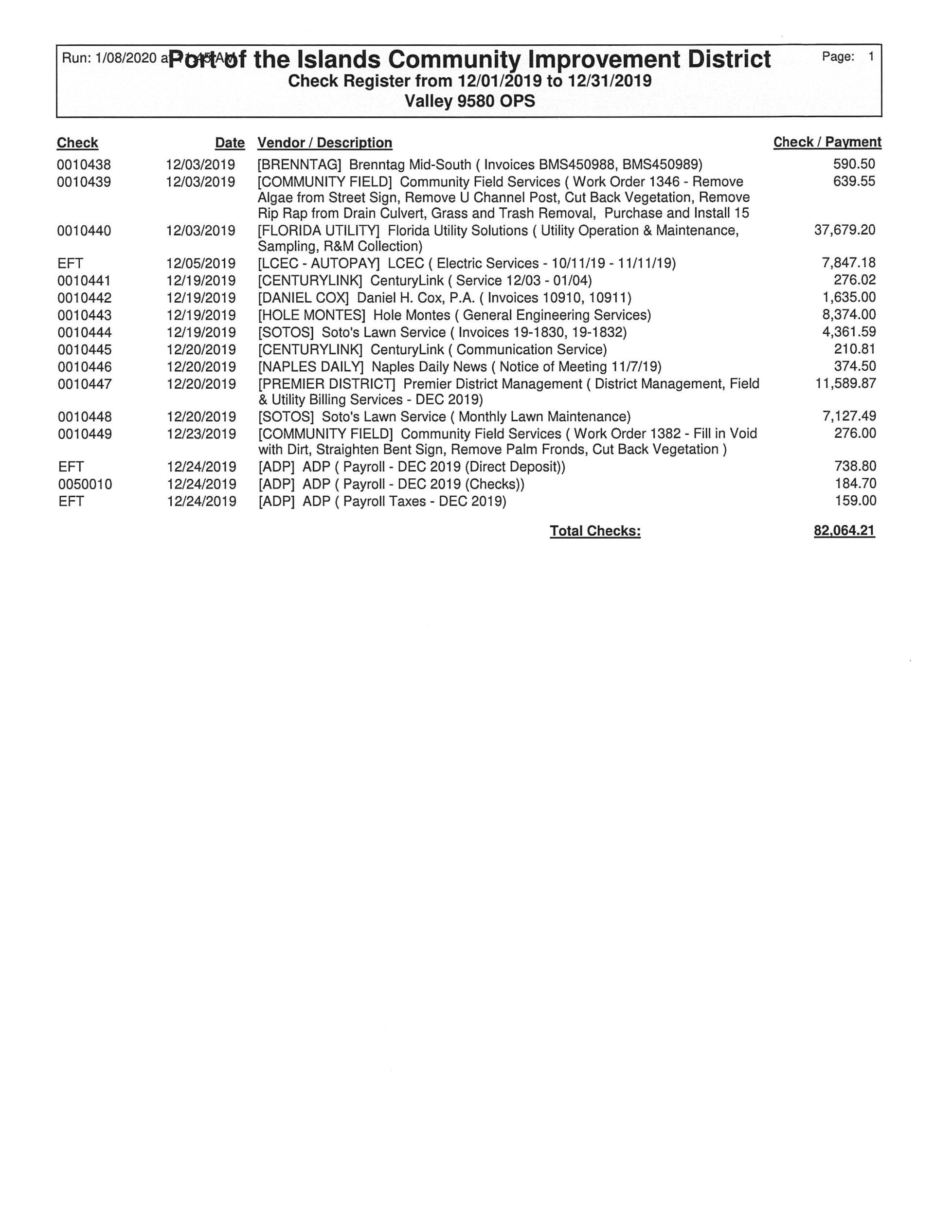 Port of the Islands Financial Report - December 2019 Check Register