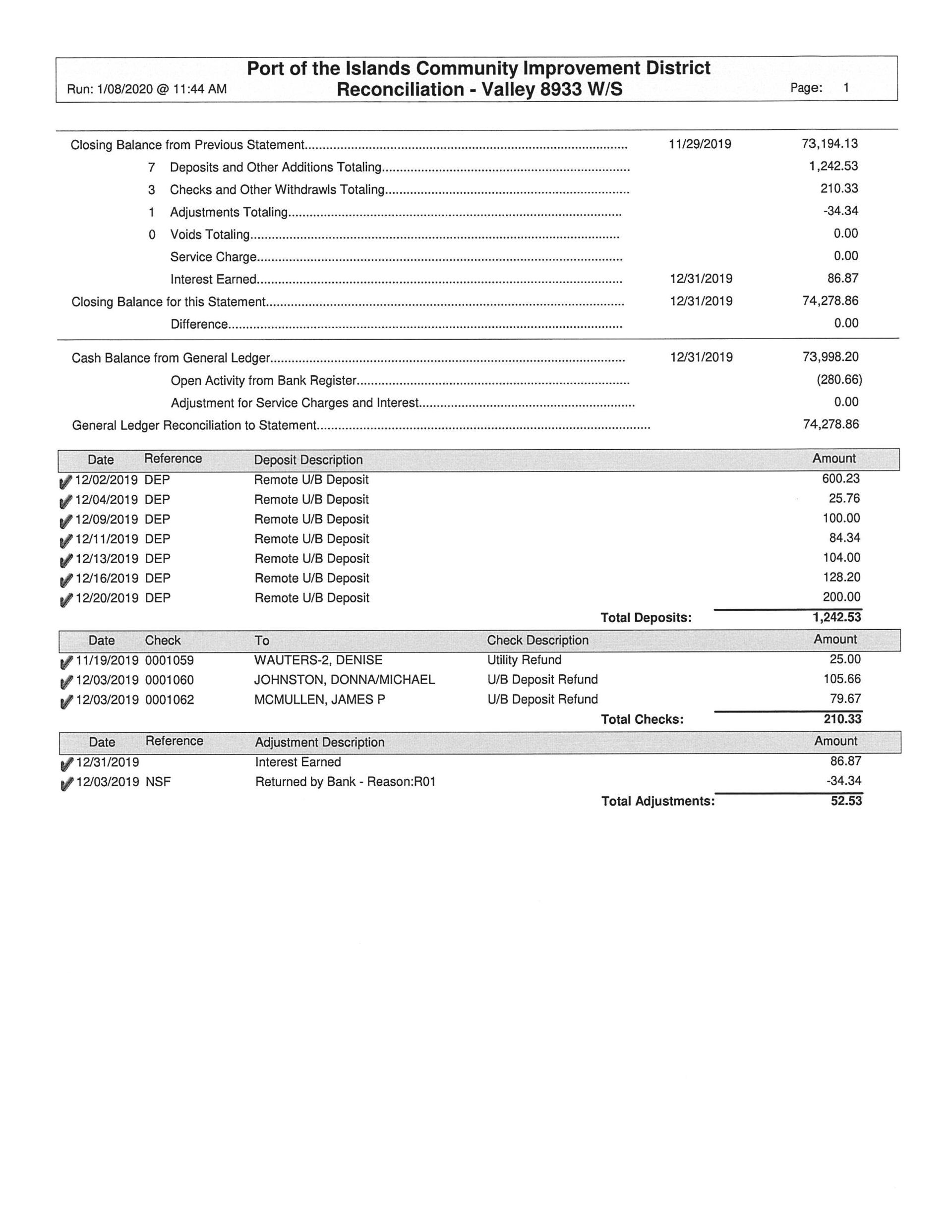 Port of the Islands Financial Report - December 2019 Bank Reconciliation
