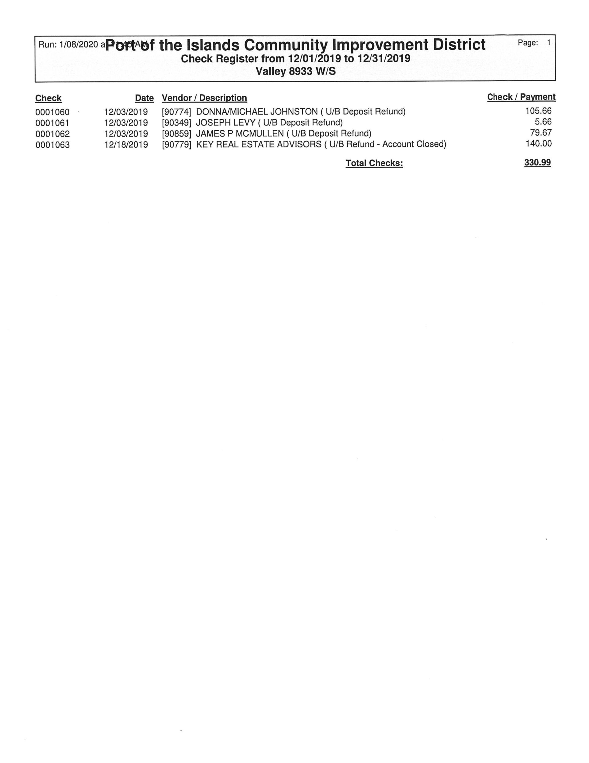 Port of the Islands Financial Report - December 2019 Check Register